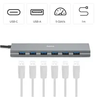 Hama USB-Hub, 7 portov, USB 3.2, 5 Gbit/s, USB-C adaptér, sieťový zdroj