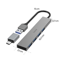 Hama USB hub, 4 porty, USB 3.2, 5 Gb/s, Ultra Slim, USB-C adaptér
