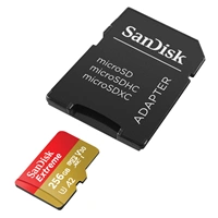 SanDisk Extreme microSDXC 256 GB + SD Adapter 190 MB/s & 130 MB/s Read/Write A2 C10 V30 UHS-I U3