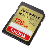 SanDisk Extreme PLUS 128 GB SDXC Memory Card 190 MB/s & 90 MB/s, UHS-I, Class 10, U3, V30
