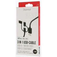 Hama USB kábel 3v1: micro USB, USB-C, Lightning, 1,5 m