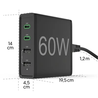 Hama rýchla stolná USB nabíjačka so stojančekom, 2x USB-C PD/QC, 2x USB-A, 60 W