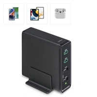 Hama rýchla stolná USB nabíjačka so stojančekom, 2x USB-C PD/QC, 2x USB-A, 60 W