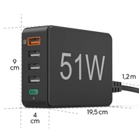 Hama rýchla stolná USB nabíjačka, 4x USB-A, 1x USB-C, PD/QC, 51 W, 1,2 m