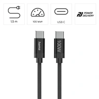 Hama USB-C 2.0 kábel Fabric, 1,5 m, 100 W, opletený
