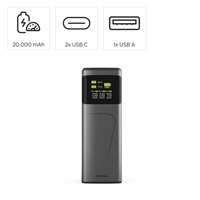 Hama High Power 65 W, powerbanka, 20000 mAh, 2x USB-C, 1x USB-A, PD, QC, displej