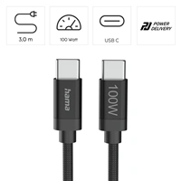 Hama USB-C 2.0 kábel Fabric, 3 m, 100 W, opletený