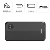 Hama powerbanka 20000 mAh, 3 A, 15 W, výstup: 2x USB-C, 1x USB-A, LED displej