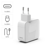 Hama rýchla USB nabíjačka GaN 2x USB-C, PD 65 W, navíjací kábel
