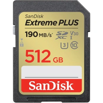 SanDisk Extreme PLUS 512 GB SDXC Memory Card 190 MB/s & 130 MB/s, UHS-I, Class 10, U3, V30