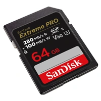 SanDisk Extreme PRO 64 GB V60 UHS-II SD cards, 280/100 MB/s,V60,C10,UHS-II