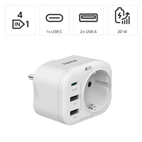 Hama zsuvkov USB nabjaka, 1x el. zsuvka, 1x USB-C PD, 2x USB-A, 20 W (rozbalen)